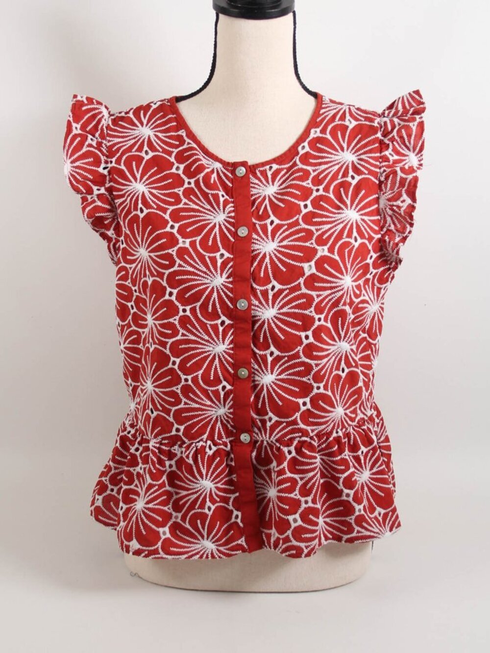 Marc New York Eyelet Peplum Top M Red White Cotton Flutter Sleeve
